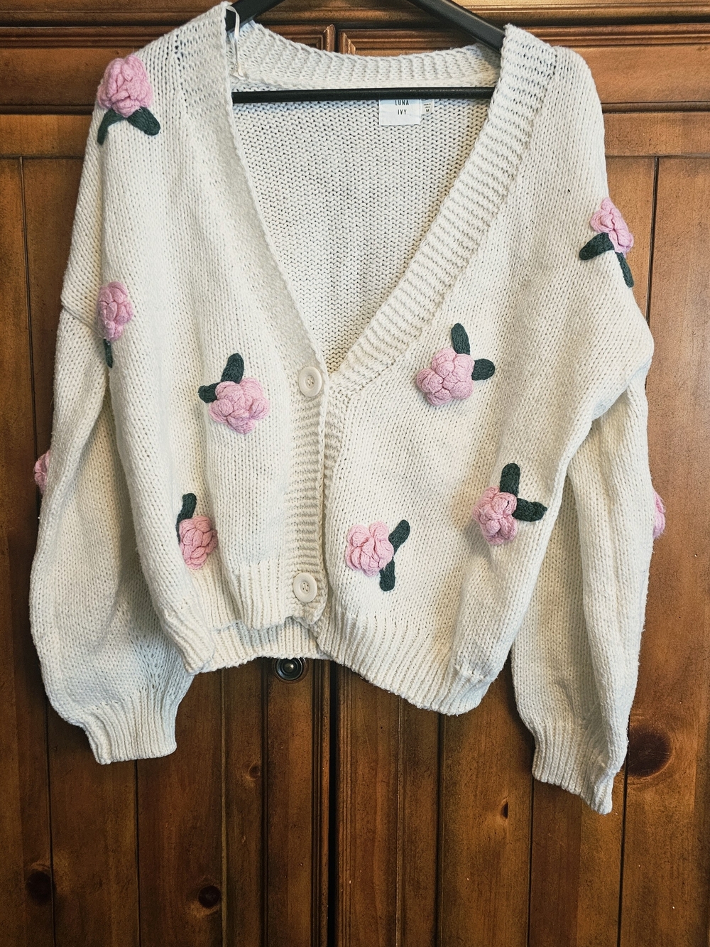 Luna Ivy Heirloom Rose Garden Chunky Knit Cardigan Sweater 3D Floral Medium
